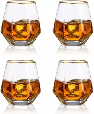 4 Verres à Whisky Géométriques Inclinés Style Diamant