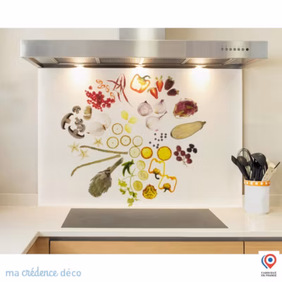 Crédence cuisine fond de hotte Légumes sur fond blanc – Verre trempé – L 90 cm x H 70 cm – MaCrédenceDéco