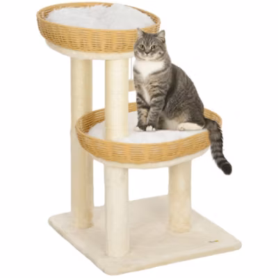 Arbre à chat style bohème aspect rotin tressé – griffoirs, 2 paniers coussins effet fourrure, balle suspendue – beige