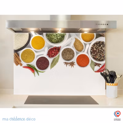 Crédence cuisine fond de hotte Epices sur fond blanc – Verre trempé – L 60 cm x H 45 cm – MaCrédenceDéco