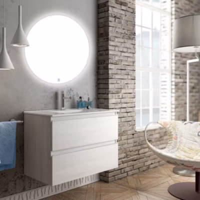 Meuble de salle de bain simple vasque – 2 tiroirs – BALEA et miroir rond Led SOLEN – hibernian (bois blanchi) – 70cm