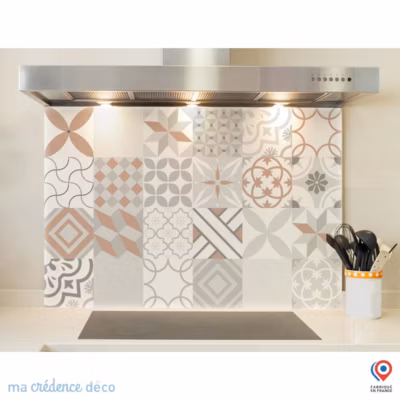 Crédence cuisine fond de hotte Carreaux ciment rouge – Verre trempé – L 60 cm x H 45 cm – MaCrédenceDéco