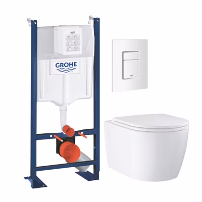 Pack WC suspendu sans bride GROHE Start Round Ceramic  + Abattant frein de chute + Bati support mur + Plaque carré blanc alpin