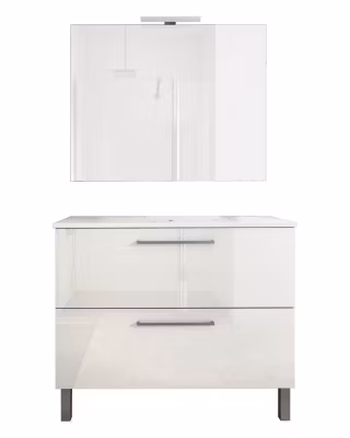 Ensemble de salle de bain meuble 100cm STAY TWO CLASSIC blanc brillant – Vasque – Miroir – Applique