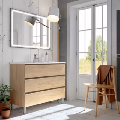 Meuble de salle de bain simple vasque – 3 tiroirs – PALMA et miroir Led VELDI – bambou (chêne clair) – 60cm