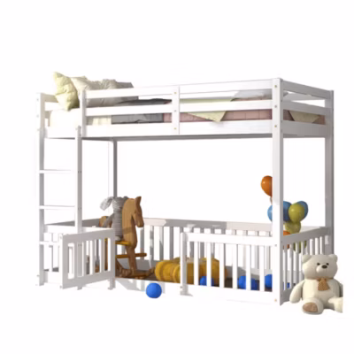 Lit Cabane Superposé Escalier Barrières Portes 200x90cm Blanc Blackcolors