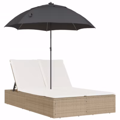 Chaise longue double avec coussins et parasol beige poly rotin vidaXL