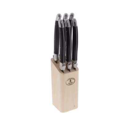 6 couteaux laguiole &lsquo;angle&rsquo; avec bloc en bois naturel