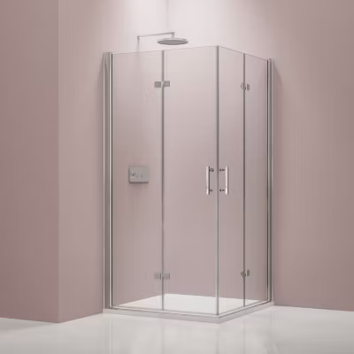 Cabine de douche d&rsquo;angle 80x80x195cm (LxPxH) verre 8mm, 2 portes pliantes, Profilé chrome – DX213