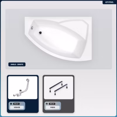 Baignoire asymétrique – 160 x 100 cm – Droite – sans Habillage – avec Pieds – Vidage Chrome – RIMA
