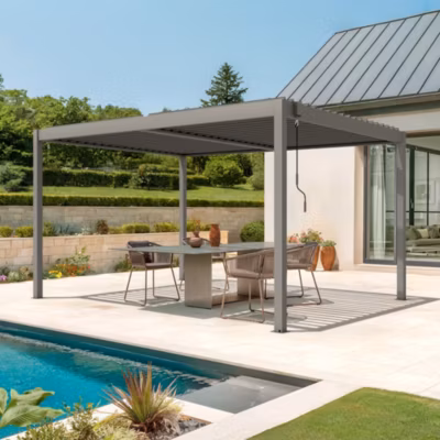 Pergola bioclimatique autoportée PIANA 4x3m aluminium taupe – Lames orientables