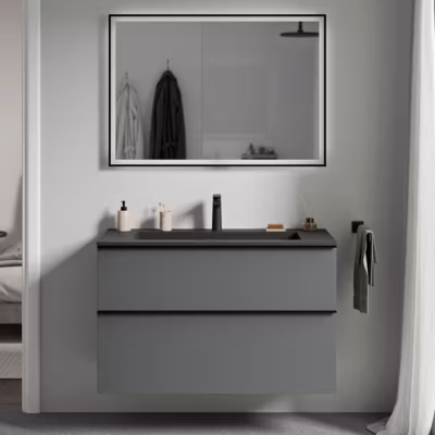 Meuble vasque suspendu MDF Anthracite mat, lavabo fonte Noir mat + trou robinet, poignée Anthracite mat – 100x46x62cm – LAVOA