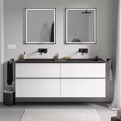 Meuble vasque suspendu MDF Blanc mat, lavabo fonte Noir mat sans trou robinet, poignée Chrome – 160x46x62cm – LAVOA