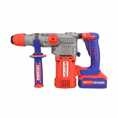 Marteau perforateur Burineur sans fil EMTOP 20V avec 1 chargeur + 2 Batteries 4.0Ah Lithium-ion Moteur brushless avec 3 forets et