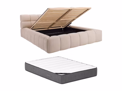 Lit coffre 160 x 200 cm – Tissu – Beige + Matelas – FORVIK II