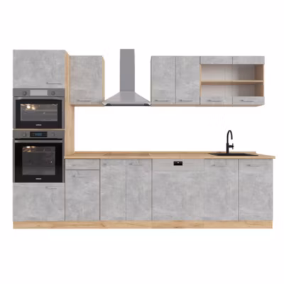 Vicco Cuisine Béton/force dor Chêne 300cm avec armoire haute, sans PT