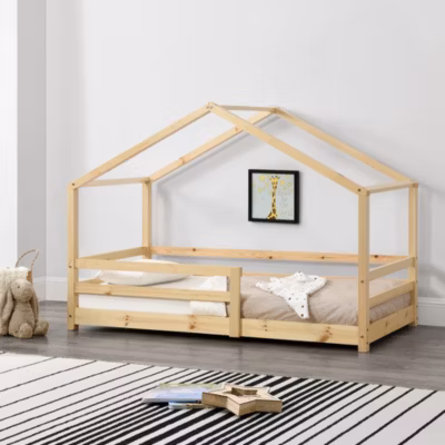 Lit d&rsquo;Enfant Maison avec Barreaux de Sécurité Knätten Pin 80 x 160 cm Bois Naturel en.casa