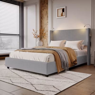 Lit Coffre 140X200cm avec LED et USB, Cadre de lit capitonné en Velours cotelé,gris