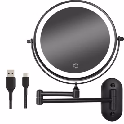 Miroir De Maquillage Lumineux LED Rechargeable Noir, Grossissement 1-5x
