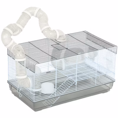 Cage rongeur hamster – tunnel, poignée, accessoires – plastique acier gris blanc