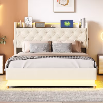 Lit tapissé LED 140 par 200 cm USB rangement hydraulique tissu lin beige adultes et adolescents