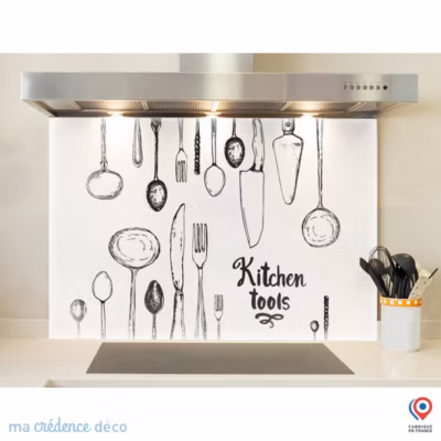 Crédence cuisine fond de hotte Ustensiles de cuisine – Verre trempé – L 60 cm x H 45 cm – MaCrédenceDéco