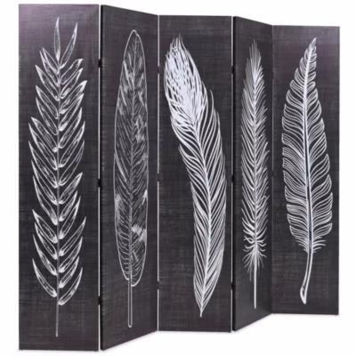 Paravent, Séparateur, Cloison de séparation pliable 200 x 170 cm Plumes Noir et blanc