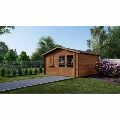 Abri de jardin en bois – 16m2 – 4x4m – Traité – Ep. 28mm – Couleur: marron – DOM181