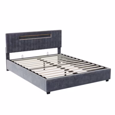 Lit Double Capitonné 140 X 200 Cm Avec Tête De Lit LED, Rangement, Sommier à Lattes En Bois,  Gris