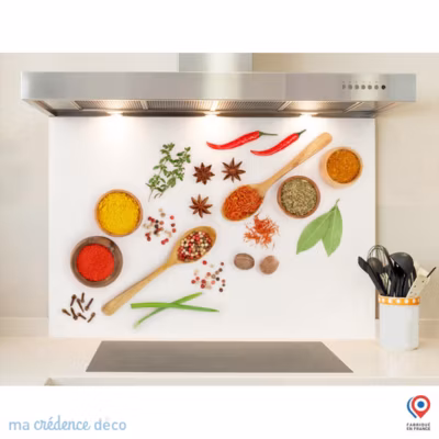 Crédence cuisine fond de hotte Epices et cuillères bois 2 – Verre trempé – L 70 cm x H 60 cm