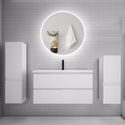 Ensemble meuble vasque L.100cm 2 tiroirs + lavabo + LED miroir rond 90cm + 2 colonne,blanc
