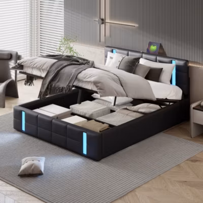 Lit adulte 140x200cm avec bande lumineuse LED, coffre de lit rangement, dossier, interface USB, lit capitonné, lit ado, PU noir