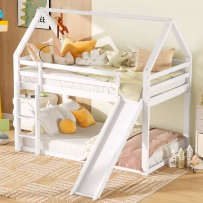 Lit Superposé 90 x 200 cm – Lit enfant avec Toboggan et Échelle – Pin + MDF – Sans Matelas – Blanc