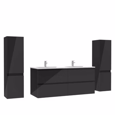 Ensemble meuble salle de bain 120 cm noir brillant avec 4 tiroirs, double lavabo céramique + 2 colonnes, suspendu