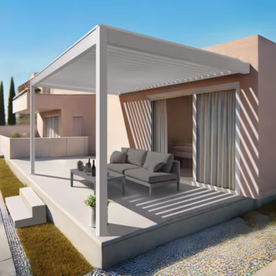 Pergola bioclimatique Xenon perpendiculaire (Vérin à Télécommande – Blanc – 4,634 x 3,50m)