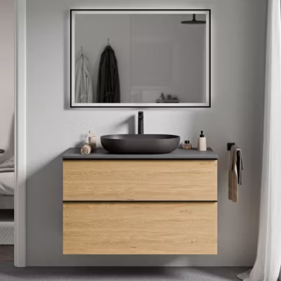 Meuble sous vasque suspendu MDF Chêne miel, plan vasque Anthracite mat, poignée Chrome – 100x46x62cm – LAVOA