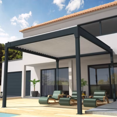 Pergola Bioclimatique COCOON îlot Mixte Gris anthracite / Blanc 4,00×3,538m (Vérin à télécommande + Kit LED 3 cotés)