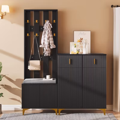 Ensemble armoire avec banc à chaussures, porte-manteaux, meuble à chaussures avec tiroirs et portes