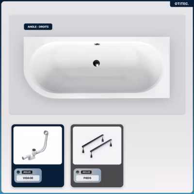 Baignoire asymétrique – 180 x 80 cm – Droite – sans Habillage – avec Pieds – Vidage Chrome – AVITA SLIM