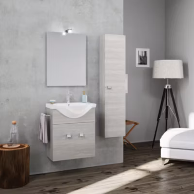 Armoire De Toilette Suspendue 56,5Cm Composition 2A Lavabo Et Miroir Gris Chêne + Colonne Gris Chêne
