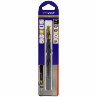 Foret metaux taille meule HSS revetu TiN DIN338 h8 pointe en croix queue 3 meplats D 13 L 151 Tivoly