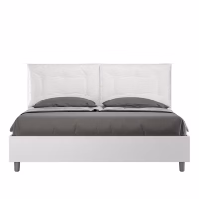 Lit double avec rangement, double relevable, 160×200 cm, bois de frêne blanc, coussins en simili cuir blanc, Egos Annalisa