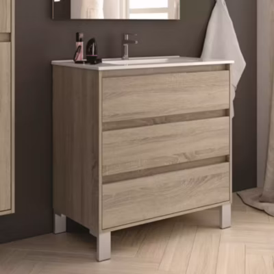 Meuble sous vasque seul, 3 tiroirs, 80cm, simple vasque – cambrian (chêne clair) – TIRIS