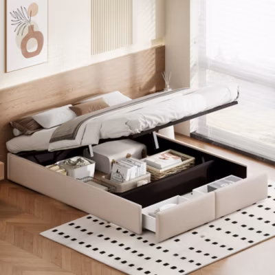 Lit Coffre 140×200 Avec 2 Tiroir, Lit Plate-forme Avec Sans Tête De Lit, Lit Double, Beige