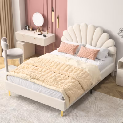 Lit double 140 x 200,lit 140 x 200,lit rembourré,lit adulte avec tête de lit en forme de fleur,beige