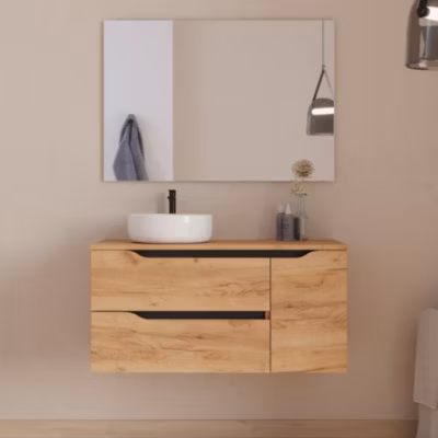 Meuble de salle de bain 100cm avec plateau, vasque à poser  à gauche Ares et miroir – 2 tiroirs et 1 placard – roble – ZARZA