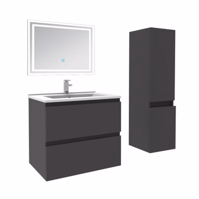 Ensemble meuble de salle de bain 60cm, vasque céramique + colonne + LED miroir rectangulaire, anthracite