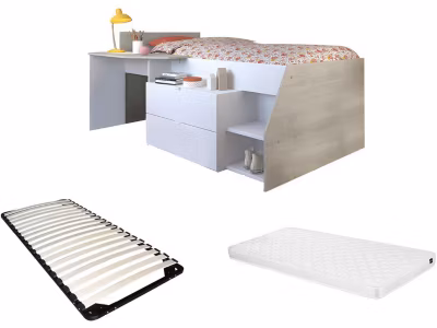 Lit avec bureau et rangements – 90 x 190/200 cm – Blanc et naturel + Sommier + Matelas – GISELE