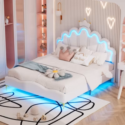Lit 140×200 cm tête couronnée, éclairage LED intégré, PU blanc, cadre MDF-métal, hauteur ajustable
