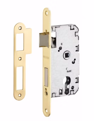 Boitier de serrure encastrable à cylindre pour porte d&rsquo;entrée, axe 40mm, bouts ronds, têtière laitonnée – THIRARD